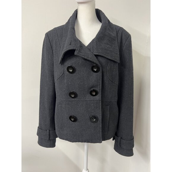 Vtg Y2K Jacket Women's Large Wool Blend Double Breasted Peacoat Charcoal Gray - Picture 1 of 6